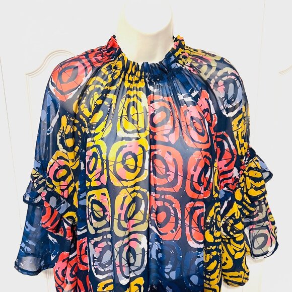 Bijelly Couture Long Maxi Dress-Large-Sheer-Ruffles-High Neck-Geometric-Colorful - Picture 7 of 15